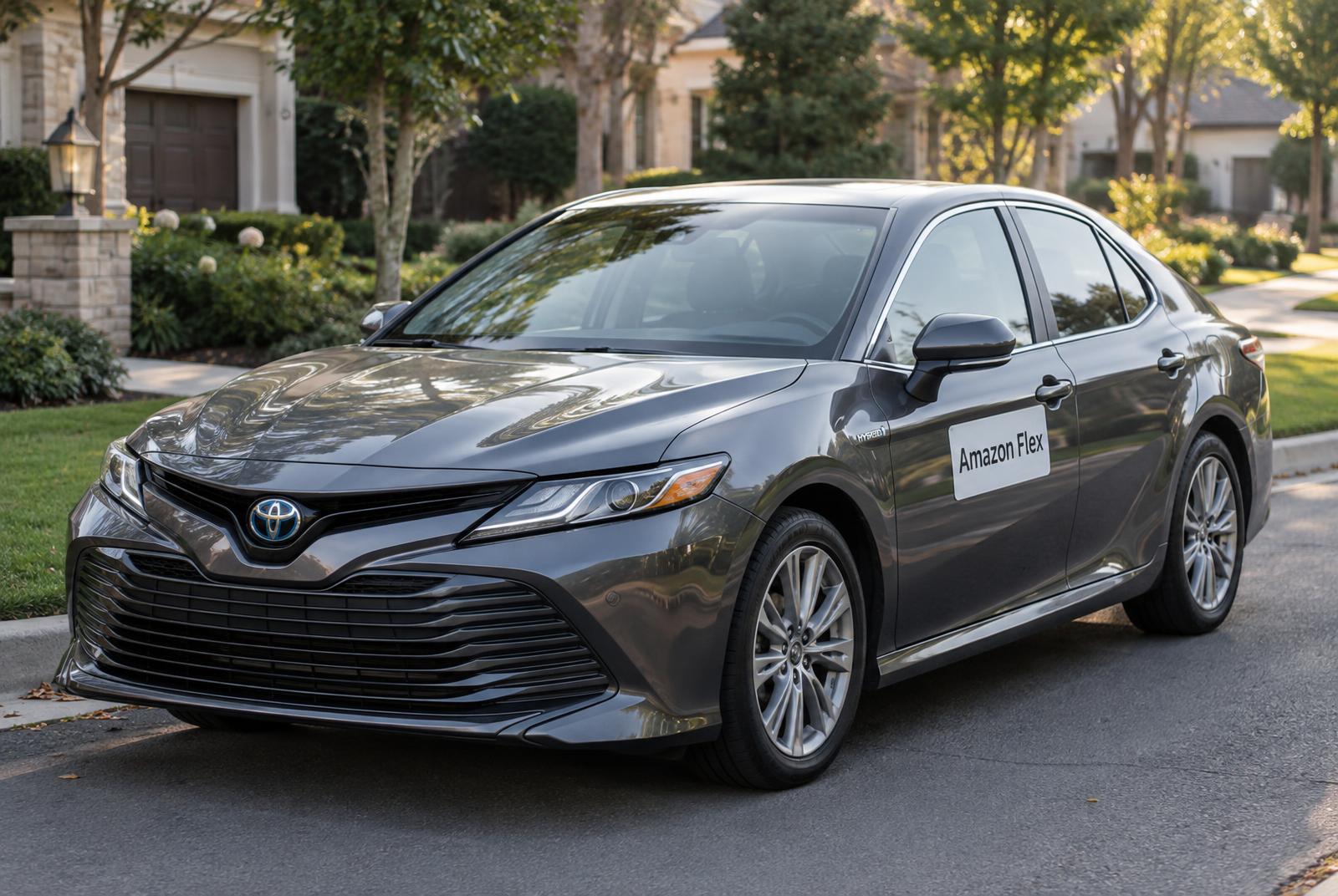 A dark gray Toyota Camry hybrid with an Amazon Flex sign on the door